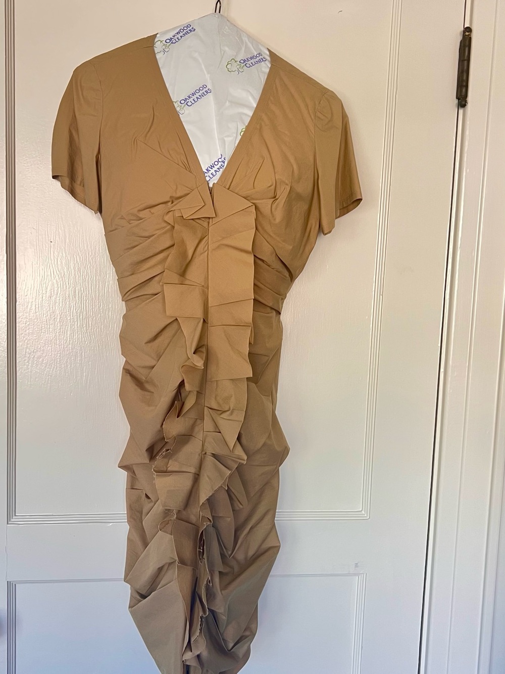 Vera Wang Camel Ruffle Front Zip Cotton Dress Size 6